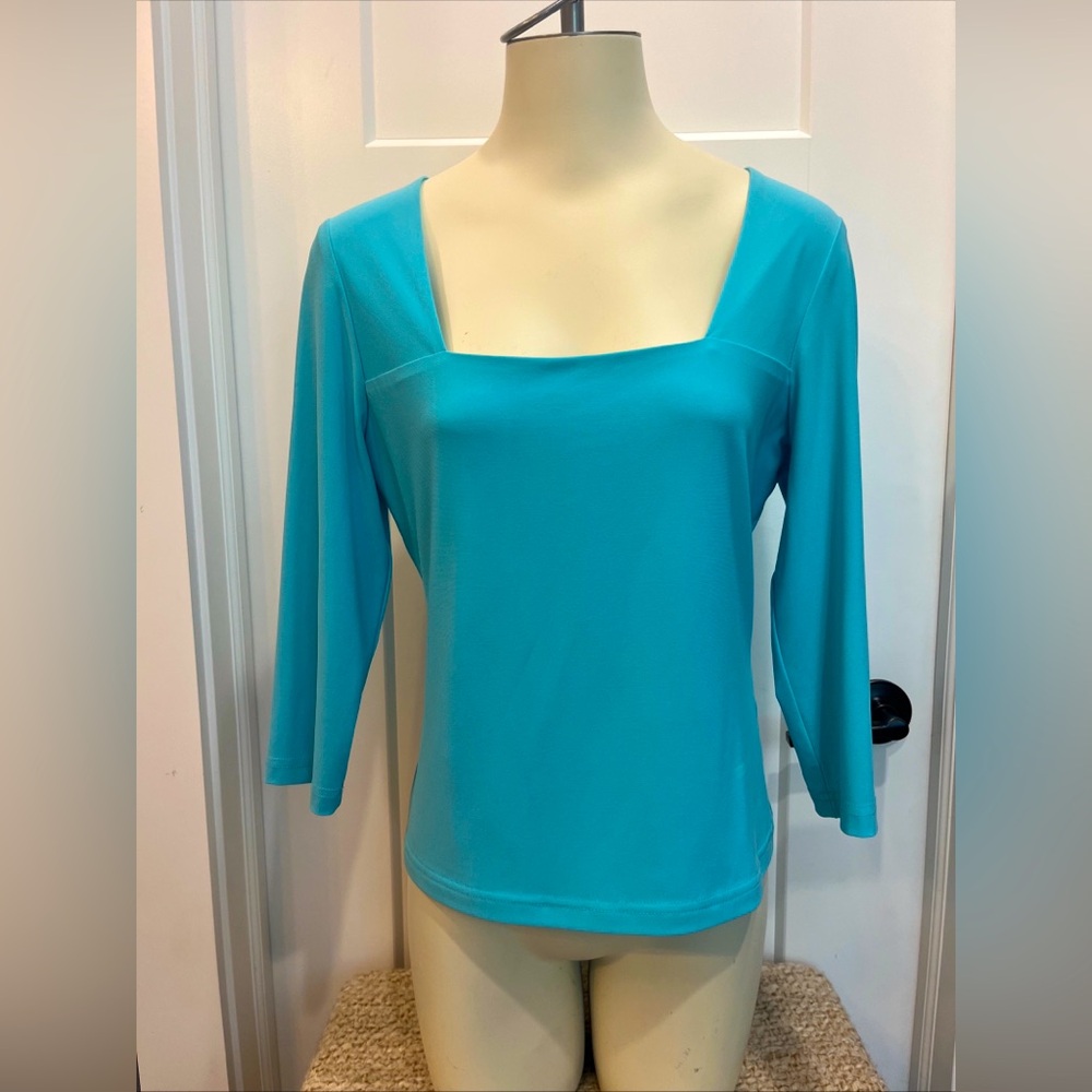 Joseph Ribkoff Women’s Square Neck‎ 3/4 Sleeve Blouse Size 12 Aqua Blue